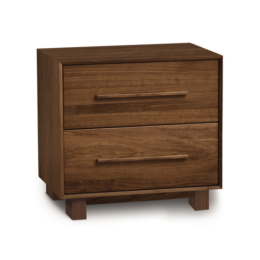 A solid black American walnut, Sloane 2-Drawer mid-century modern nightstand by Copeland Furniture isolated on a white background.