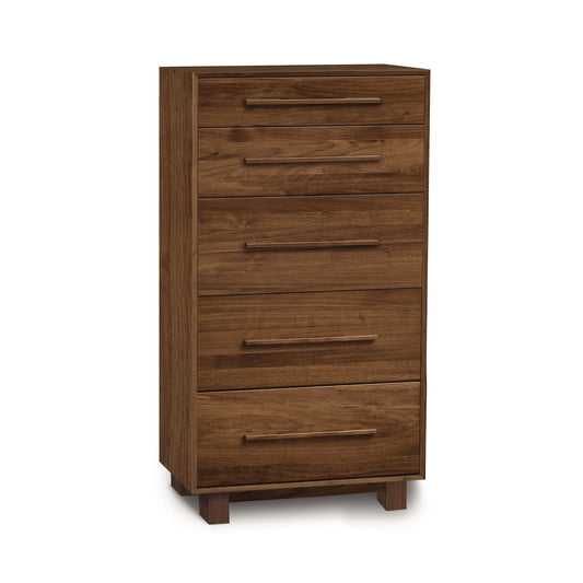 A modern bedroom wooden chest of drawers by Copeland Furniture, the Sloane 5-Drawer Narrow Chest, on a white background.