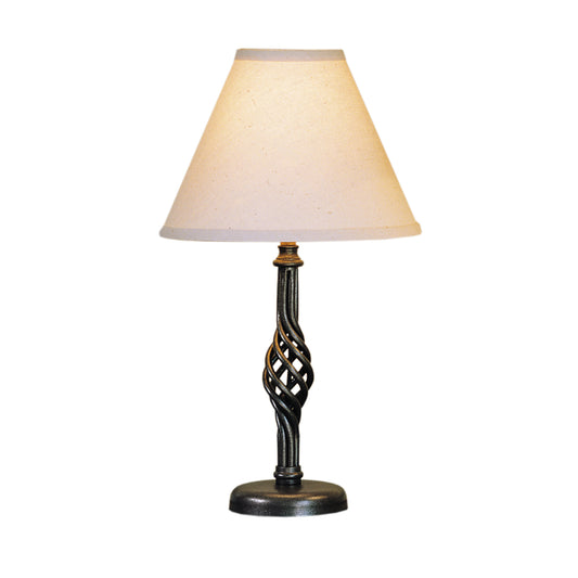 The Hubbardton Forge Small Twist Basket Table Lamp is an ornate table lamp with a beige shade, perfect for traditional design and fulfilling all your lighting needs.