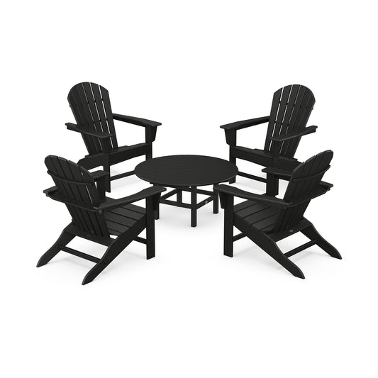 A set of four black POLYWOOD South Beach Adirondack-style chairs arranged around a small, round table on a white background. The chairs are designed with slatted backs and seats.