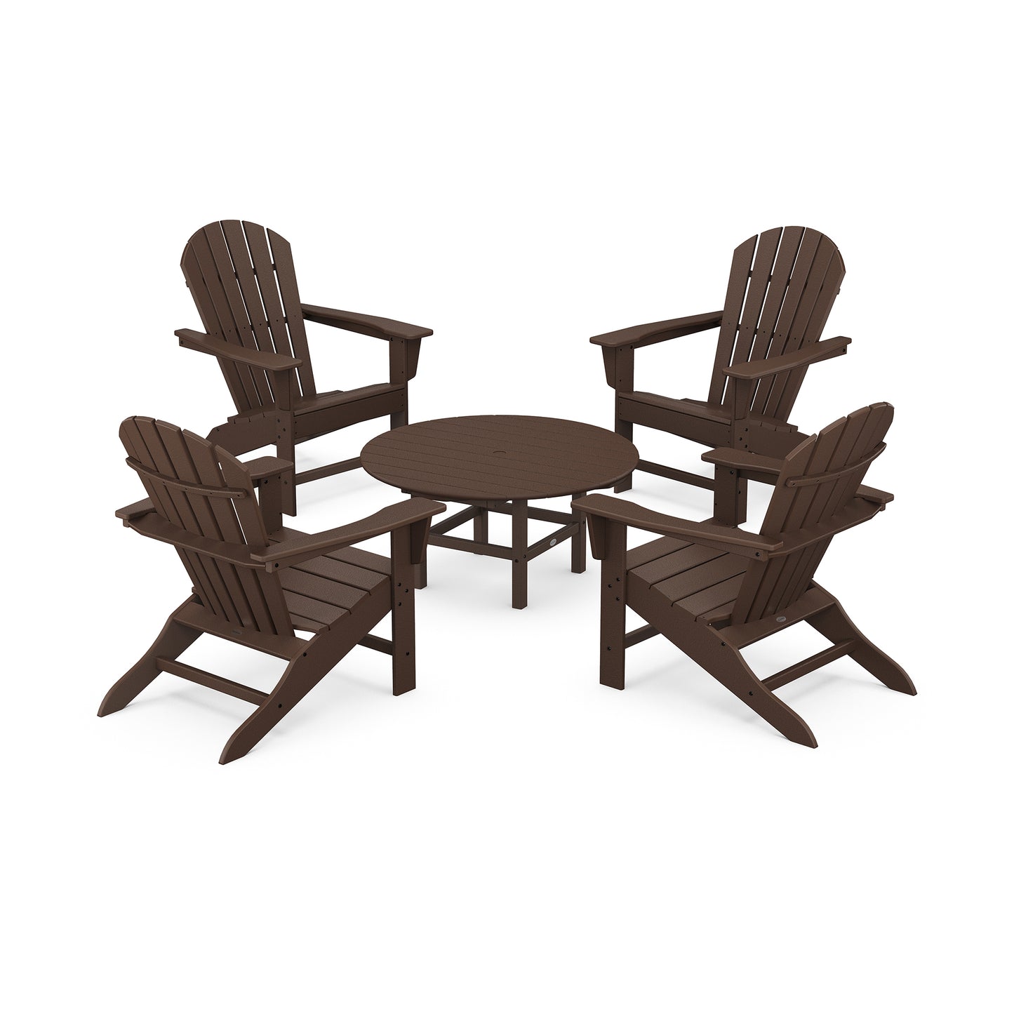 A set of four brown POLYWOOD South Beach Adirondack-style chairs arranged around a small matching circular table, displayed on a plain white background.