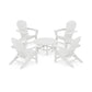 Four white POLYWOOD South Beach Adirondack-style chairs arranged around a small round table, all positioned on a plain white background. The furniture setup suggests an outdoor relaxation area.