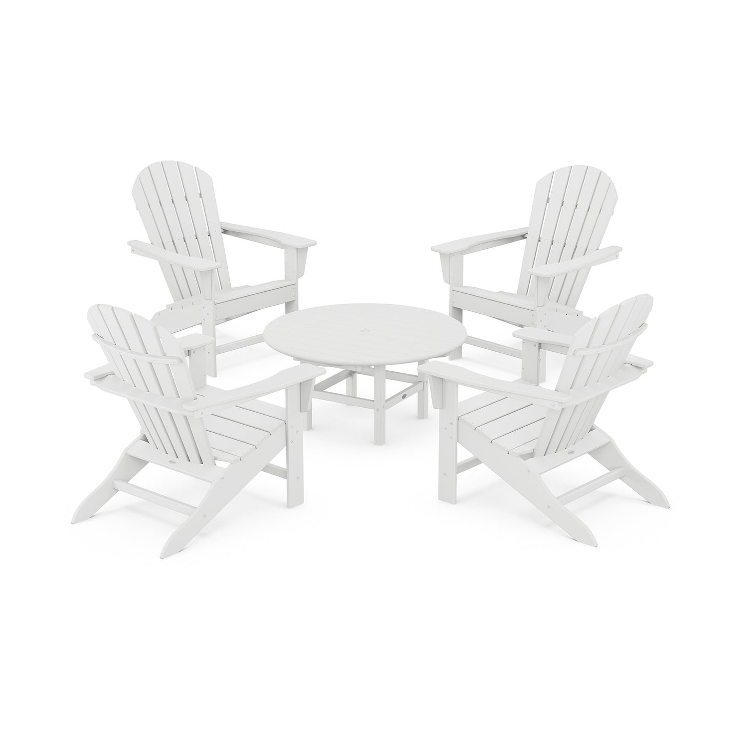 Four white POLYWOOD South Beach Adirondack-style chairs arranged around a small round table, all positioned on a plain white background. The furniture setup suggests an outdoor relaxation area.