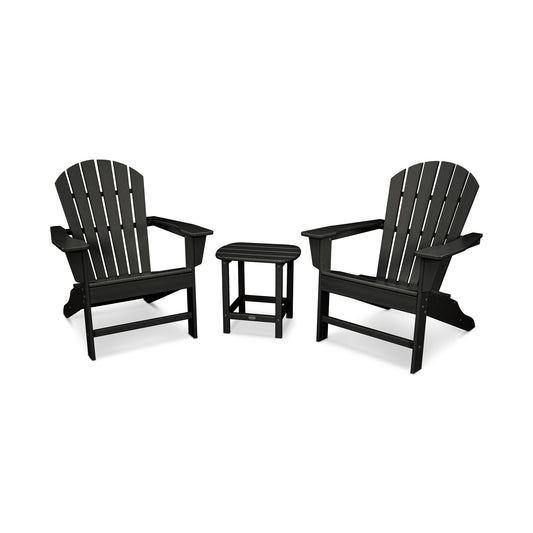 Two black POLYWOOD South Beach Adirondack 3-Piece Sets crafted from durable POLYWOOD lumber, with a matching small table, are positioned on a white background. The furniture features a classic slatted design.