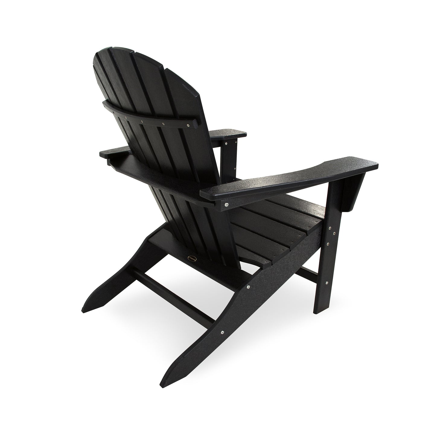 A black POLYWOOD® South Beach Adirondack chair made of synthetic material, shown from a side angle against a white background. The chair features wide armrests and a slanted back.