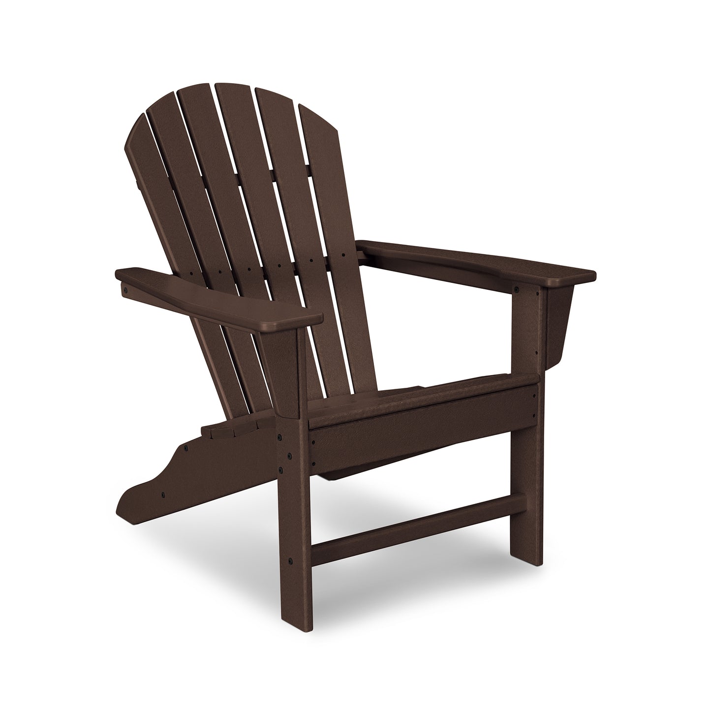 A single brown POLYWOOD® South Beach Adirondack chair made of recycled plastic resin furniture is displayed against a plain white background. The chair features a classic slatted design with a curved back and broad.