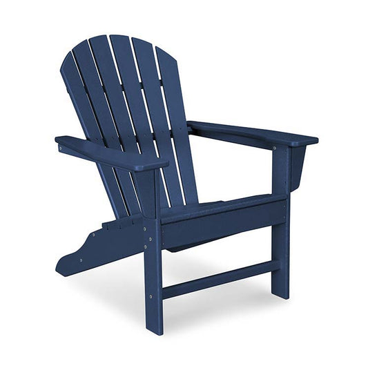 A blue adirondack chair on a white background.