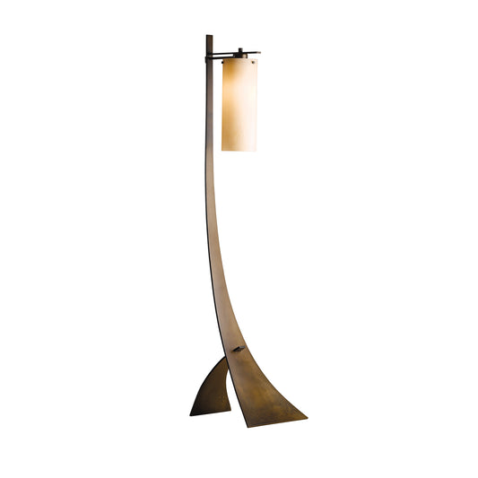 Stasis Glass Floor Lamp by Hubbardton Forge with a tall, curved silhouette, bronze base, and rectangular frosted glass shade. Handcrafted in Vermont.