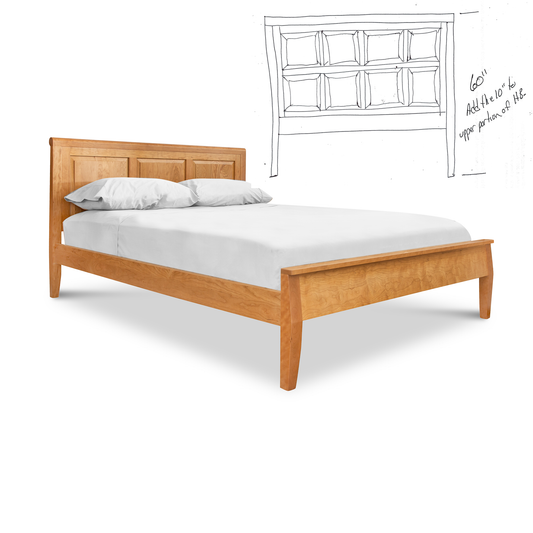 Lyndon Furniture Stearns Raised Panel Carriage Bed with low footboard and boxspring, featuring white bedding.