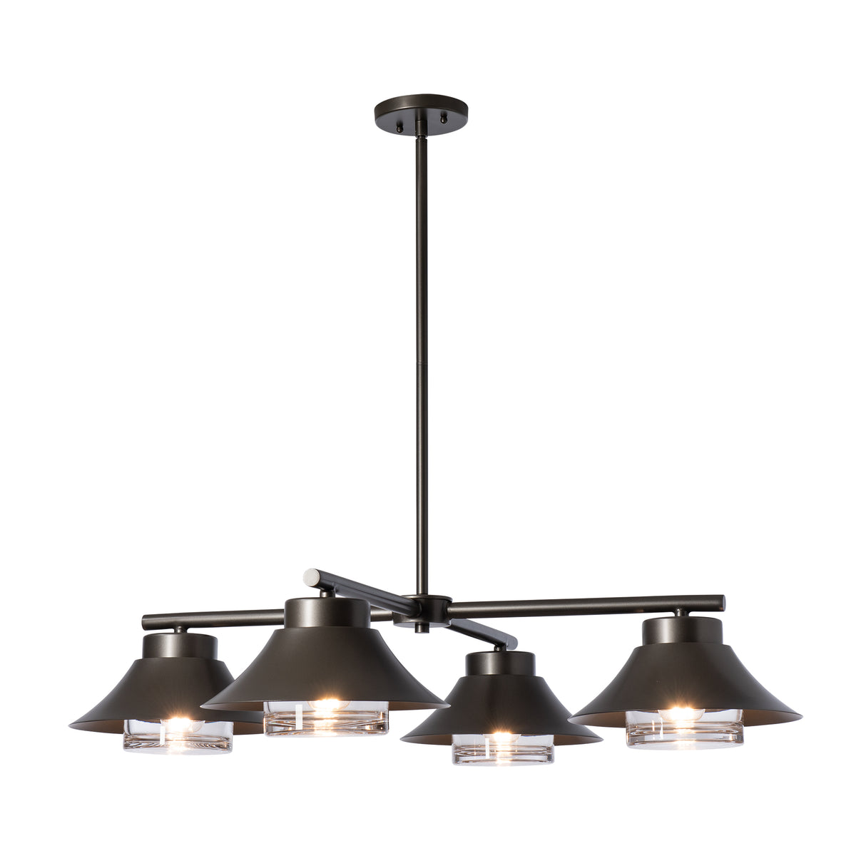 Stowe Outdoor 4-Light Pendant with four hand-forged steel shades and glass diffusers, a high-quality American-made lighting piece.