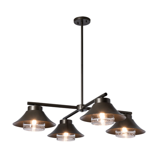 Stowe Outdoor 4-Light Pendant with four hand-forged steel shades and exposed glass-encased bulbs on a central stem.