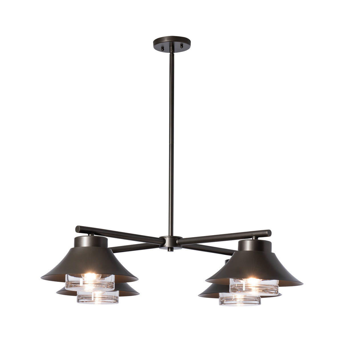Stowe Outdoor 4-Light Pendant with four hand-forged steel conical shades and glass diffusers.
