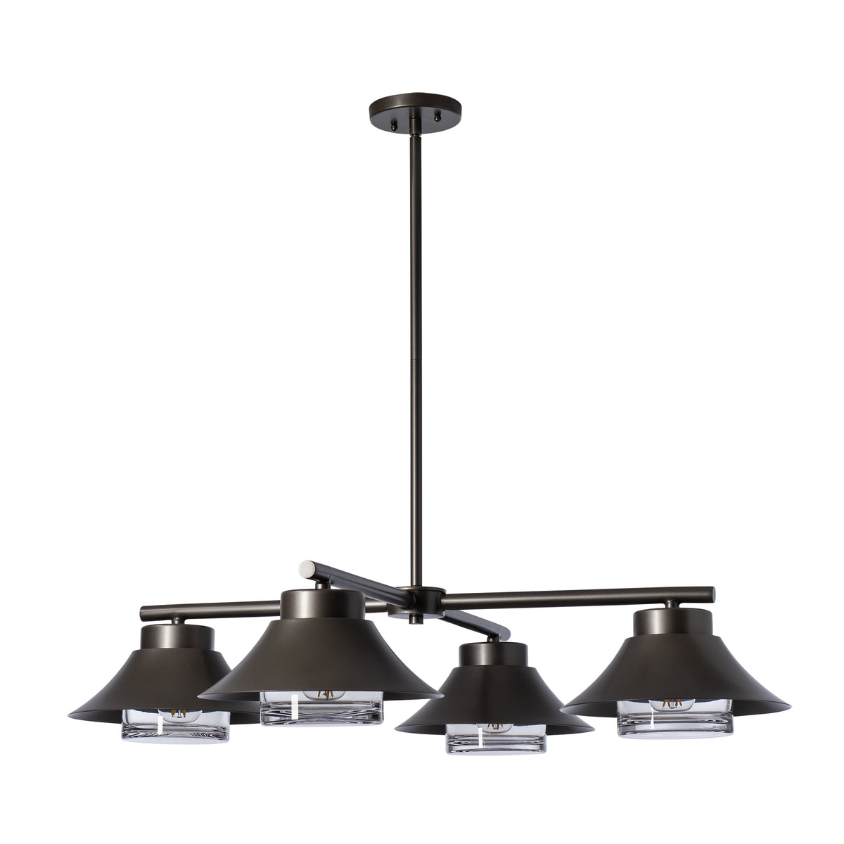 Stowe Outdoor 4-Light Pendant, crafted with four hand forged steel conical shades and clear glass diffusers.