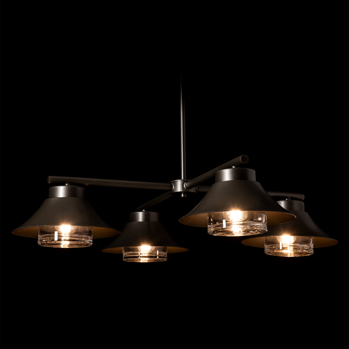 Stowe Outdoor 4-Light Pendant, featuring hand-forged steel, black metal shades, and glass diffusers.