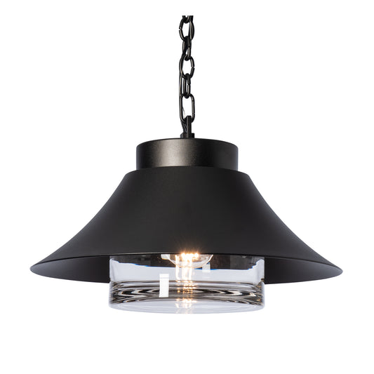 Hubbardton Forge Stowe Outdoor Lantern featuring a black metal conical shade, clear glass diffuser, and matching chain.