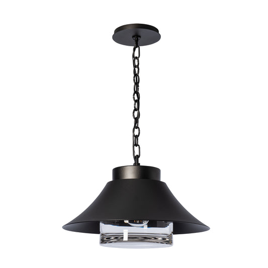 Hubbardton Forge Stowe black metal outdoor pendant light with a wide shade, clear glass diffuser, and chain suspension.