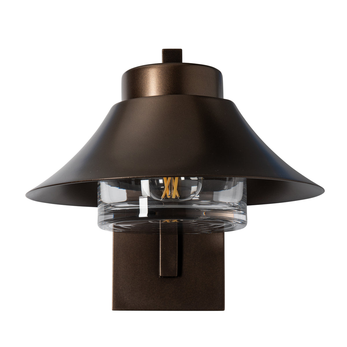 Hand-forged steel Hubbardton Forge Stowe Outdoor Sconce featuring a wide shade, clear glass enclosure, and an exposed filament bulb.