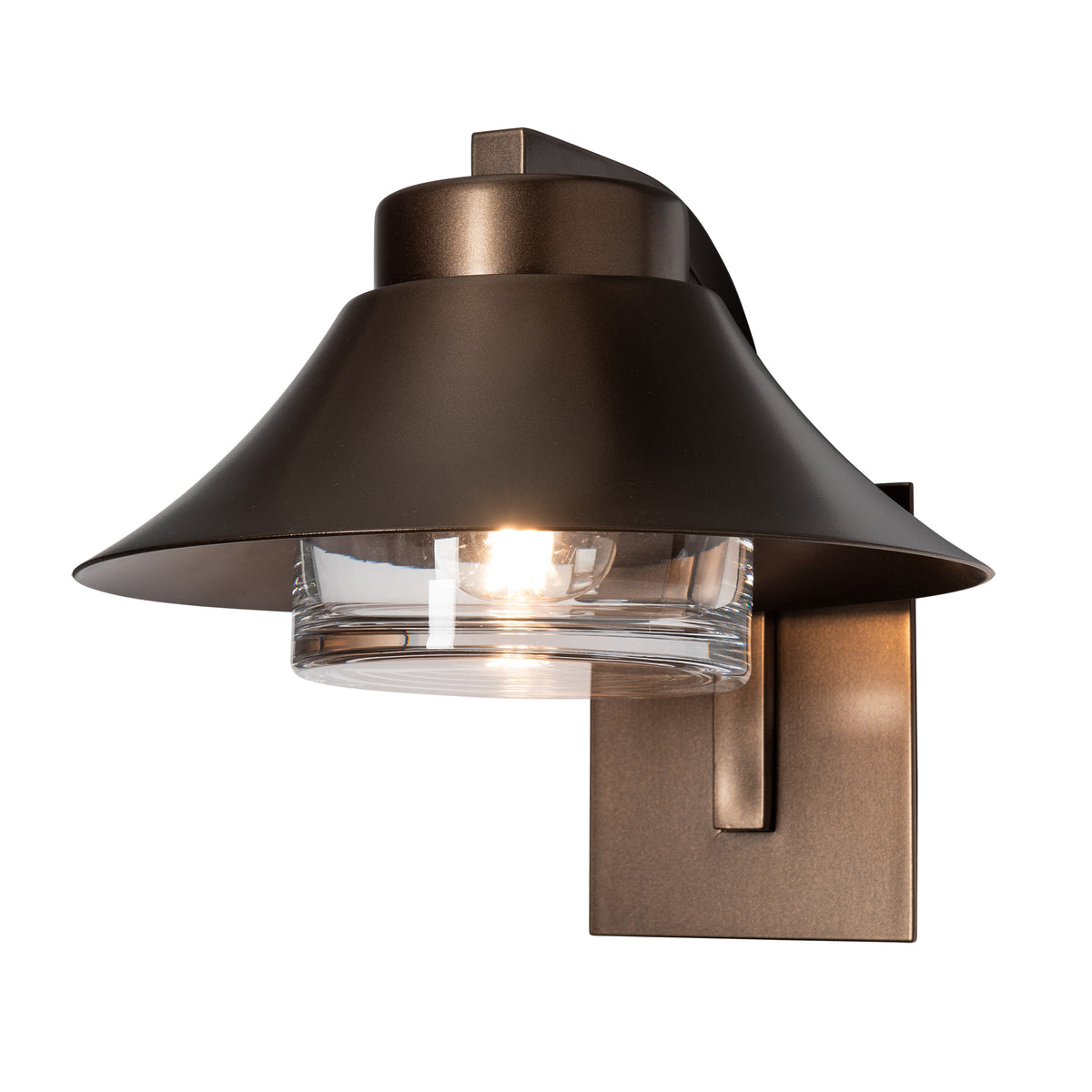 Stowe Outdoor Sconce in dark bronze, featuring a handcrafted steel frame with a wide shade and clear glass-encased light.