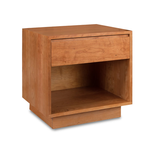 A handcrafted Lyndon Furniture nightstand, the Sutton 1-Drawer Enclosed Shelf Nightstand, made of solid wood with a drawer on top.