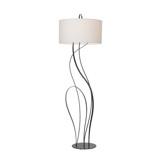 Sway Floor Lamp by Hubbardton Forge with white drum shade and black hand-forged steel base, showcasing fine American craftsmanship.