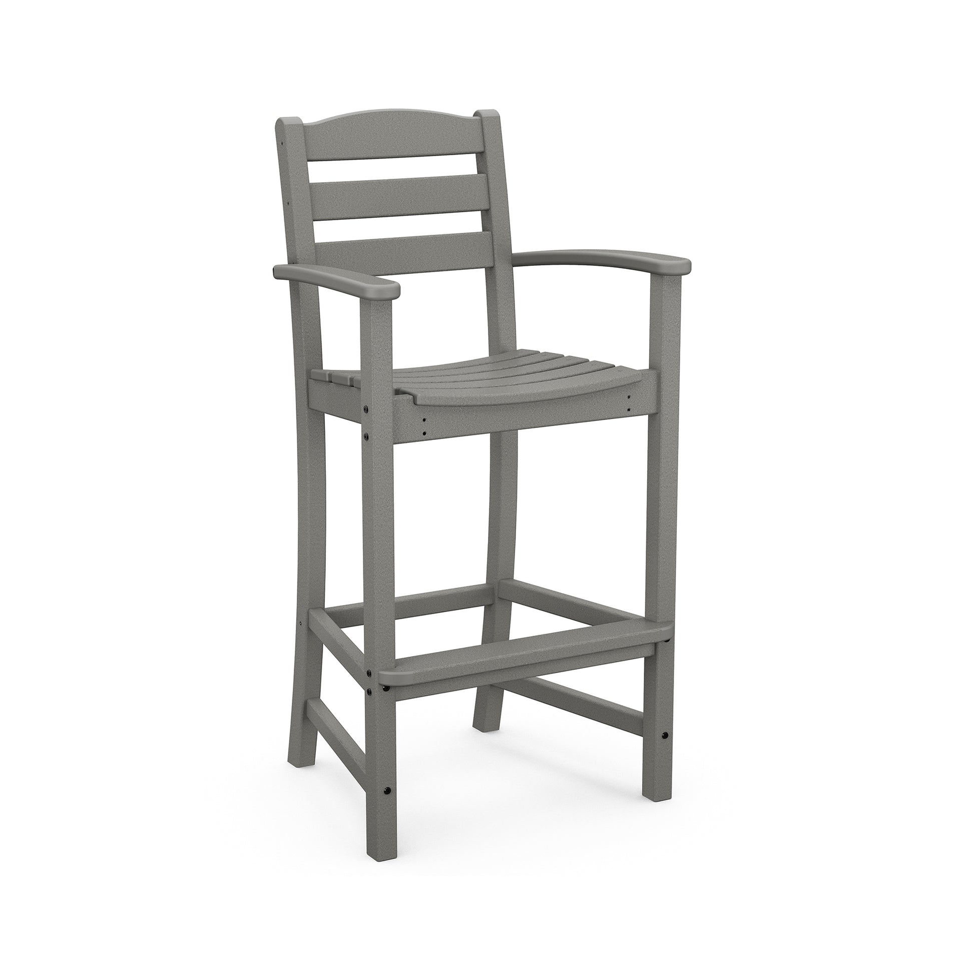A gray, outdoor, high-back barstool made of POLYWOOD® La Casa Cafe Outdoor Bar Arm Chair, featuring armrests and a slatted design, isolated on a white background.