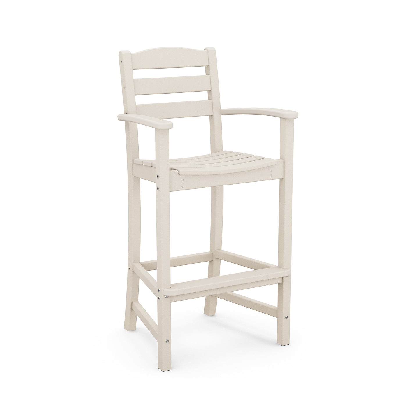 A cream-colored, high-backed POLYWOOD La Casa Cafe Outdoor Bar Arm Chair with slatted seat and flat armrests, set against a plain white background.