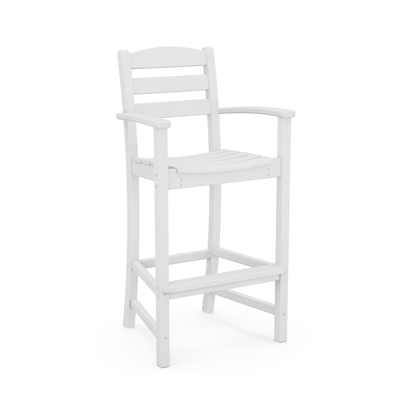 A white POLYWOOD La Casa Cafe Outdoor Bar Arm Chair with a high back and footrest, isolated on a white background.