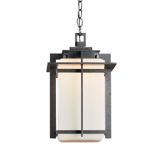 Tourou Large Outdoor Ceiling Fixture by Hubbardton Forge with frosted glass panels and a black metal frame, showcasing Japanese-inspired craftsmanship.