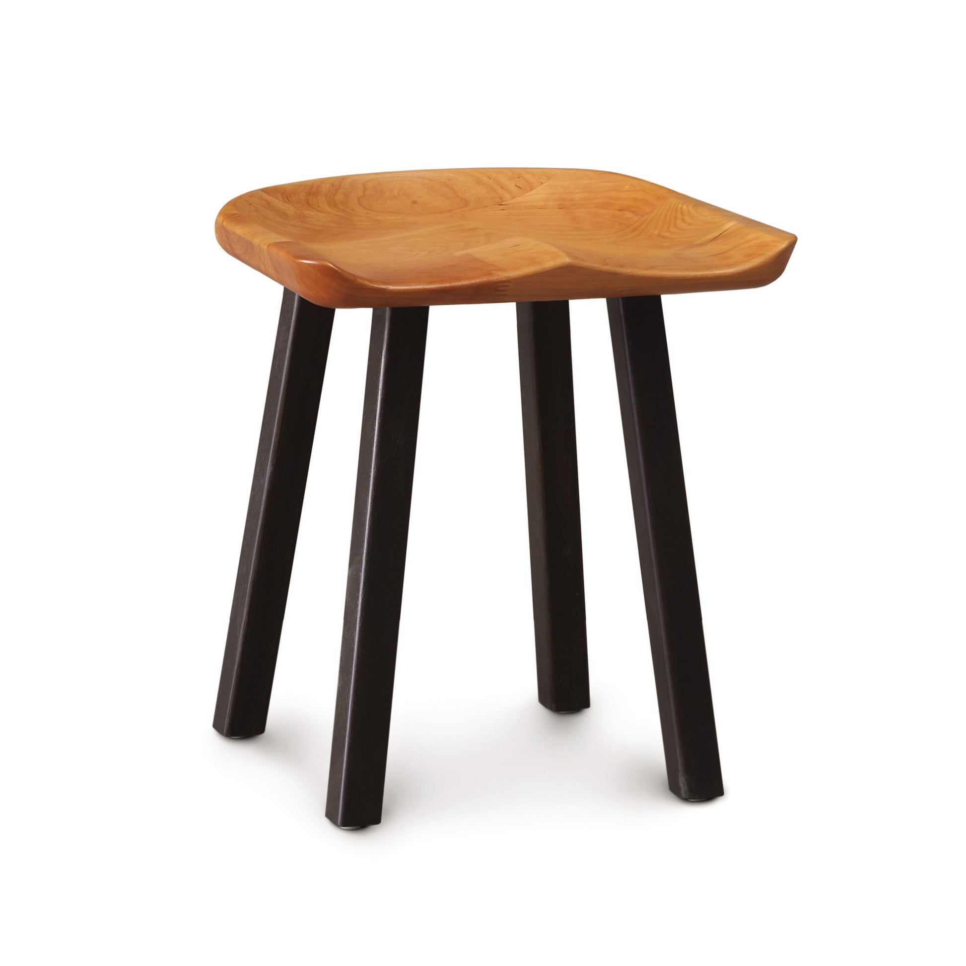 A stool with a wooden seat and black legs.