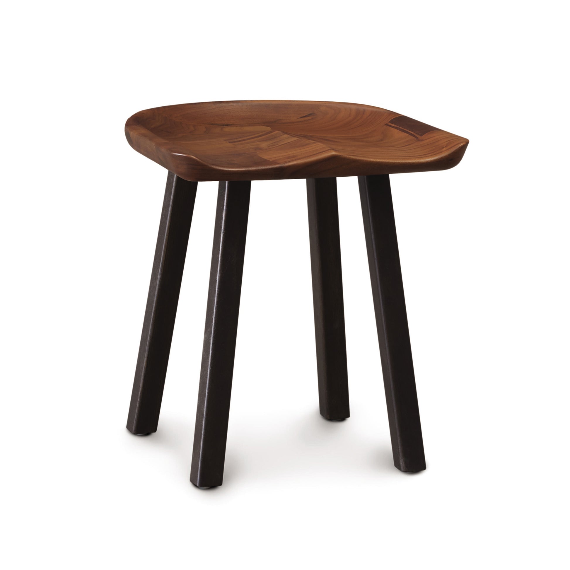 A wooden stool with black legs on a white background.