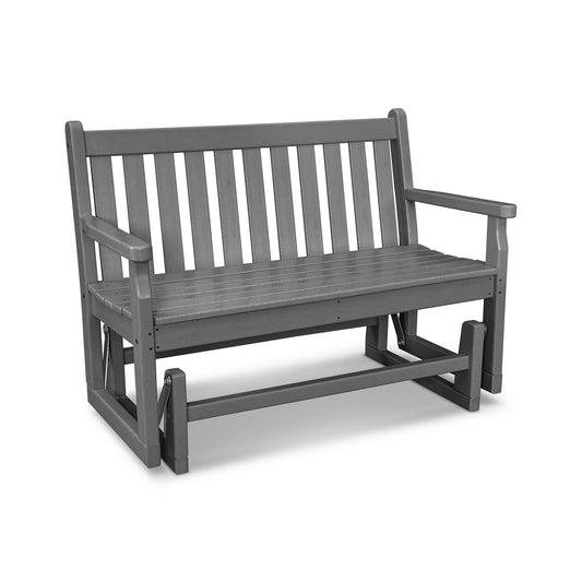A gray POLYWOOD Traditional Garden 48" Glider Bench with a high back and armrests, designed in a traditional style, isolated on a white background.