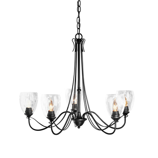 A Trellis 5-Arm Chandelier with glass shades, perfect for the dining room. (Brand Name: Hubbardton Forge)
