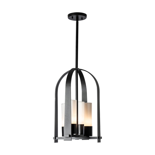 Triomphe Outdoor Lantern by Hubbardton Forge featuring a Coastal Black cage and four frosted glass cylinders in a modern ceiling-mounted design.