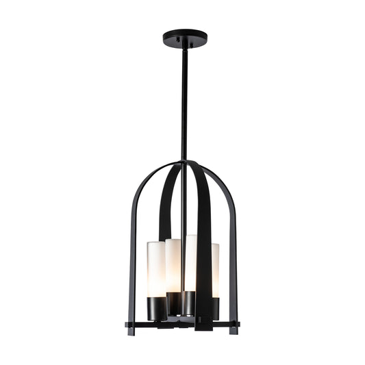 Triomphe Outdoor Lantern by Hubbardton Forge with Coastal Black finish and four frosted glass shades on a round base, showcasing elegant craftsmanship.