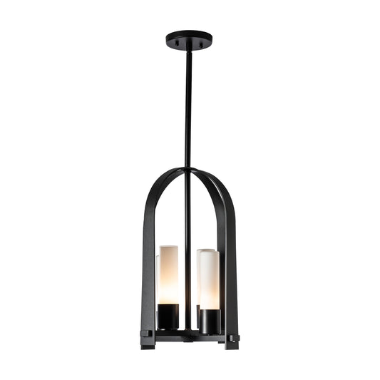Triomphe Outdoor Lantern by Hubbardton Forge featuring a modern black pendant design with dual frosted glass shades and a central metal rod.