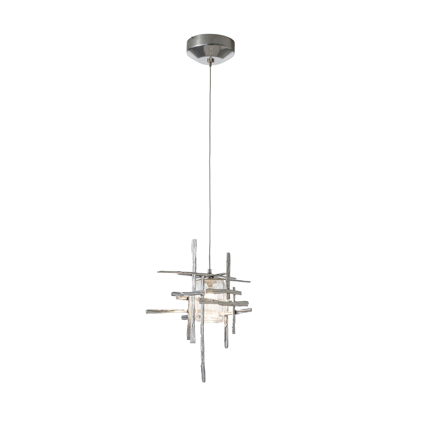 Close-up of the Tura Seeded Glass Low Voltage Mini Pendant by Hubbardton Forge, featuring artisan metalwork and elegant seeded glass shade.