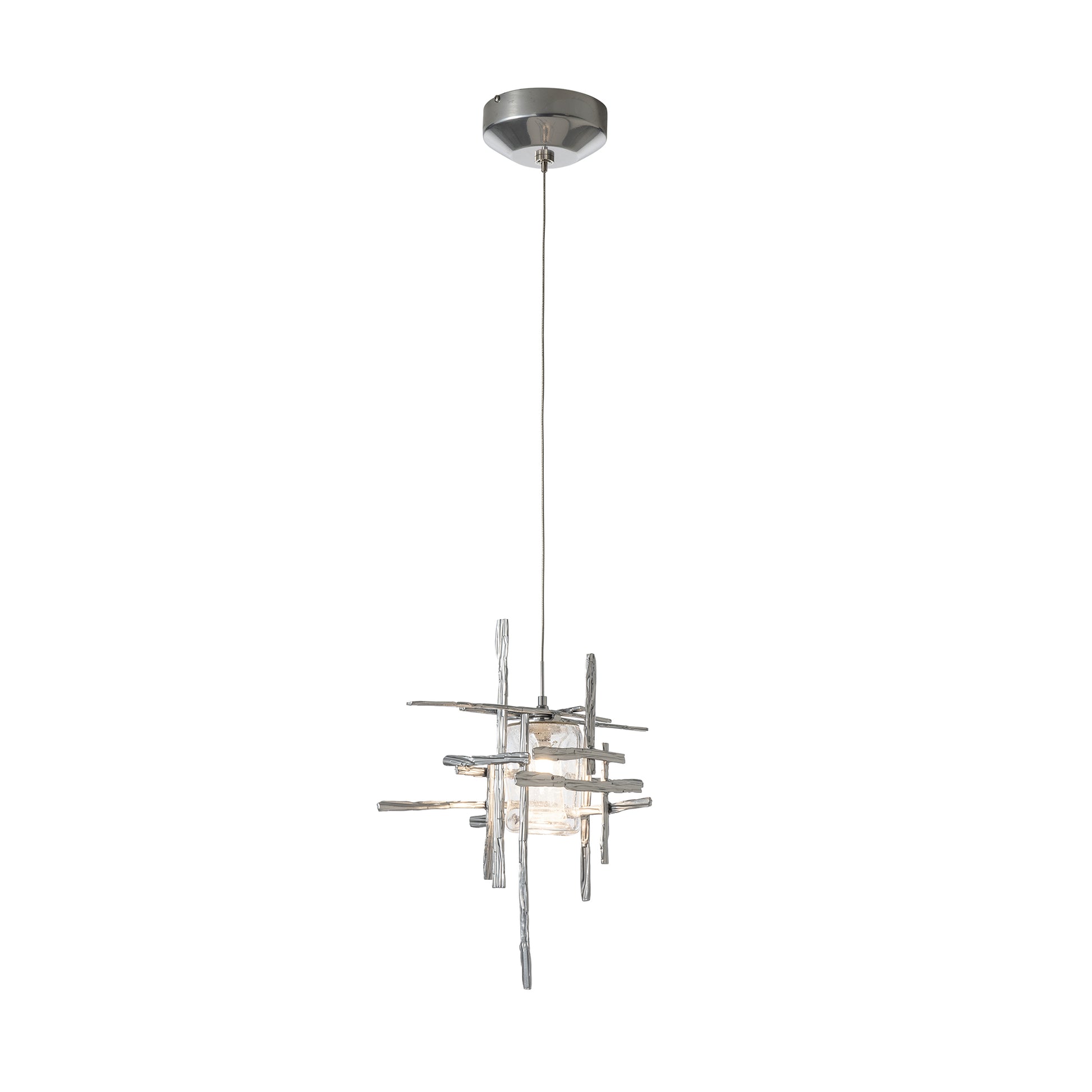 Close-up of the Tura Seeded Glass Low Voltage Mini Pendant by Hubbardton Forge, featuring artisan metalwork and elegant seeded glass shade.