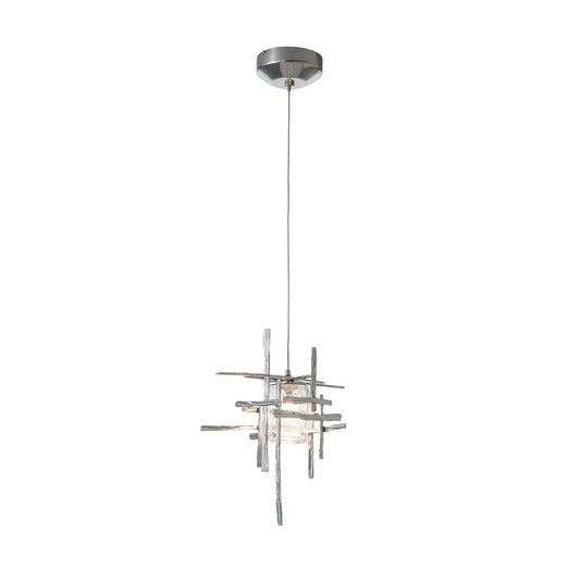 Close-up of the Tura Seeded Glass Low Voltage Mini Pendant by Hubbardton Forge, featuring artisan metalwork and elegant seeded glass shade.