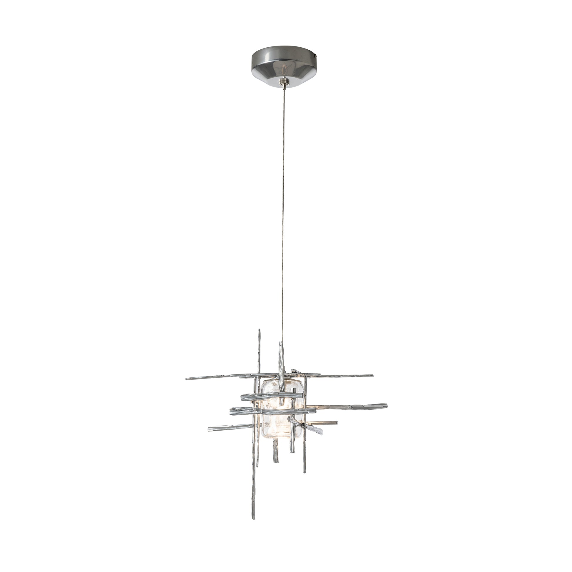 Close-up of the Tura Seeded Glass Low Voltage Mini Pendant by Hubbardton Forge, highlighting intersecting rods and elegant seeded glass shade.