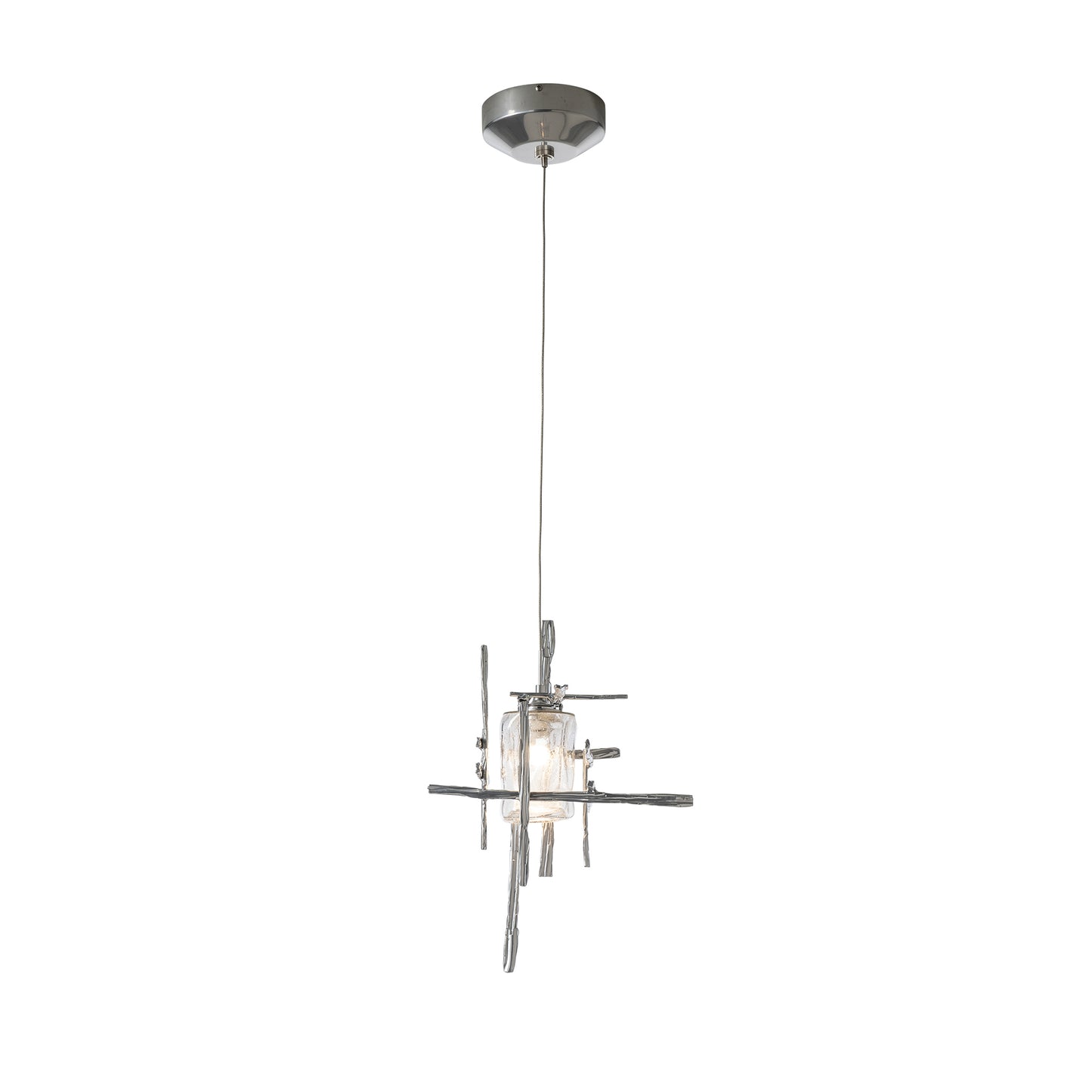 Close-up of the Tura Seeded Glass Low Voltage Mini Pendant, highlighting its artisan-made geometric frame and cylindrical glass shade by Hubbardton Forge.