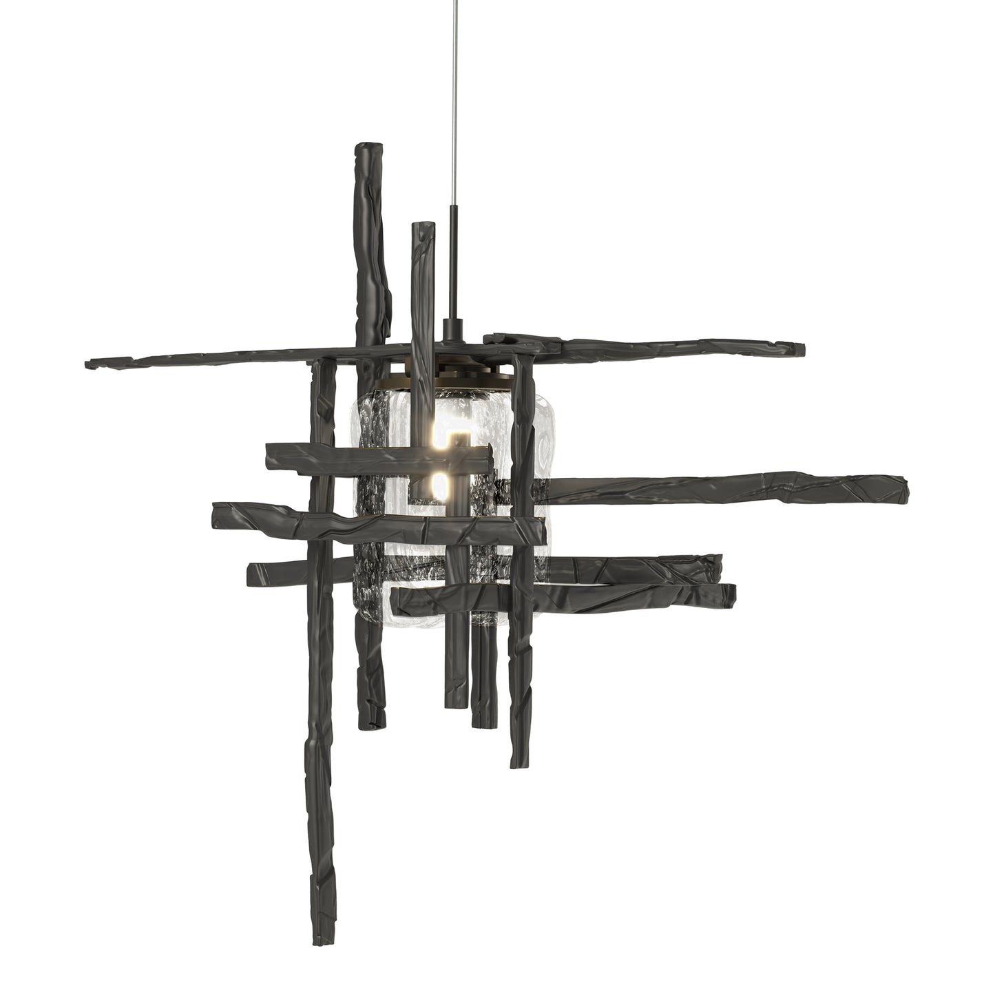 The Tura Seeded Glass Mini Pendant by Hubbardton Forge highlights artisan-made craftsmanship with bold black bars and a geometric silhouette.