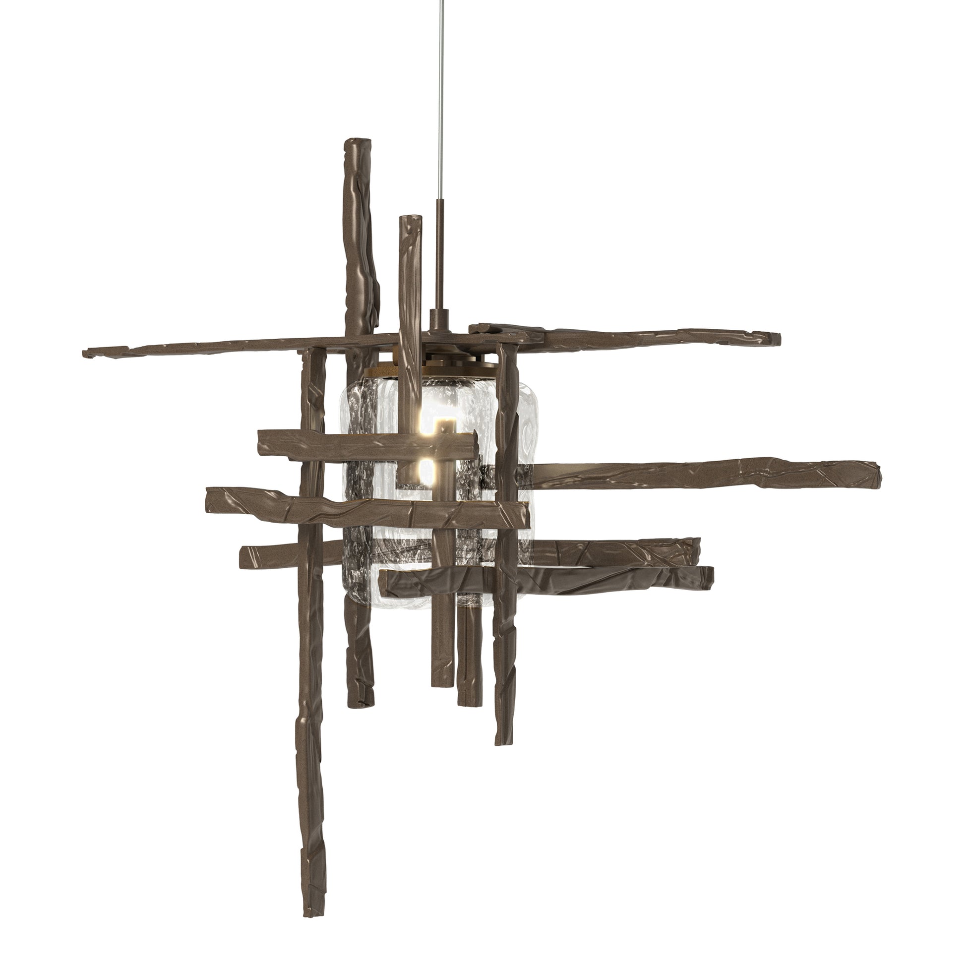 Close-up of the Tura Seeded Glass Low Voltage Mini Pendant by Hubbardton Forge, highlighting its intersecting beams and exposed bulb.