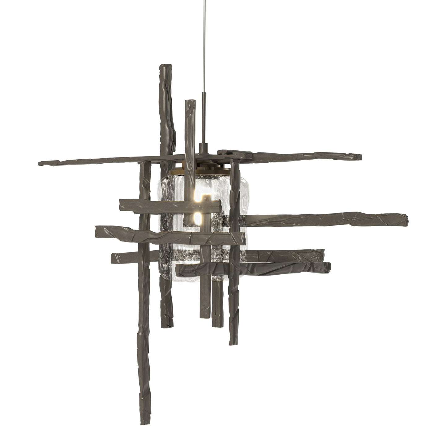 Close-up of the Tura Seeded Glass Mini Pendant by Hubbardton Forge, showcasing its intersecting dark bars and exposed bulb craftsmanship.