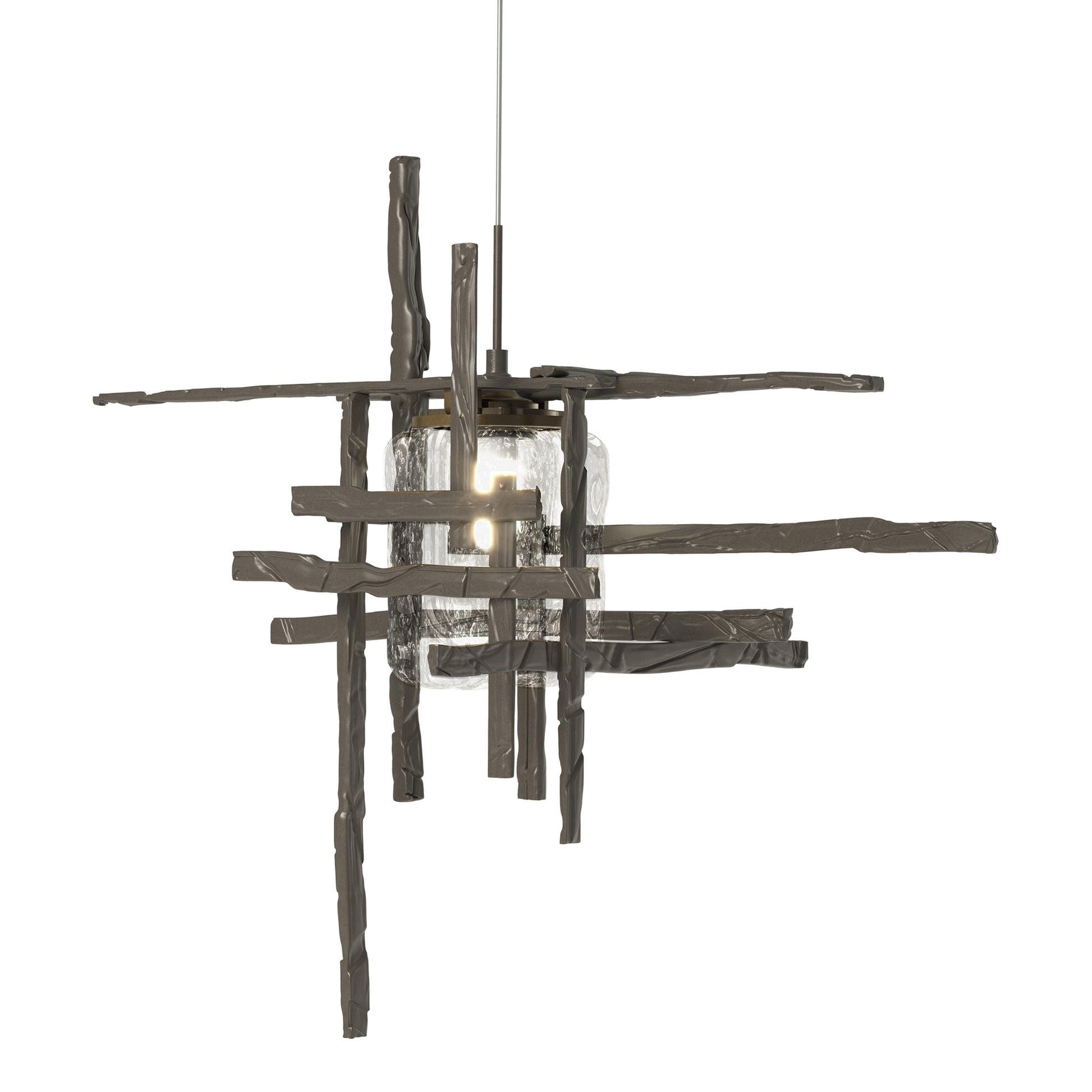 Close-up of the Tura Seeded Glass Mini Pendant by Hubbardton Forge, showcasing its intersecting dark bars and exposed bulb craftsmanship.
