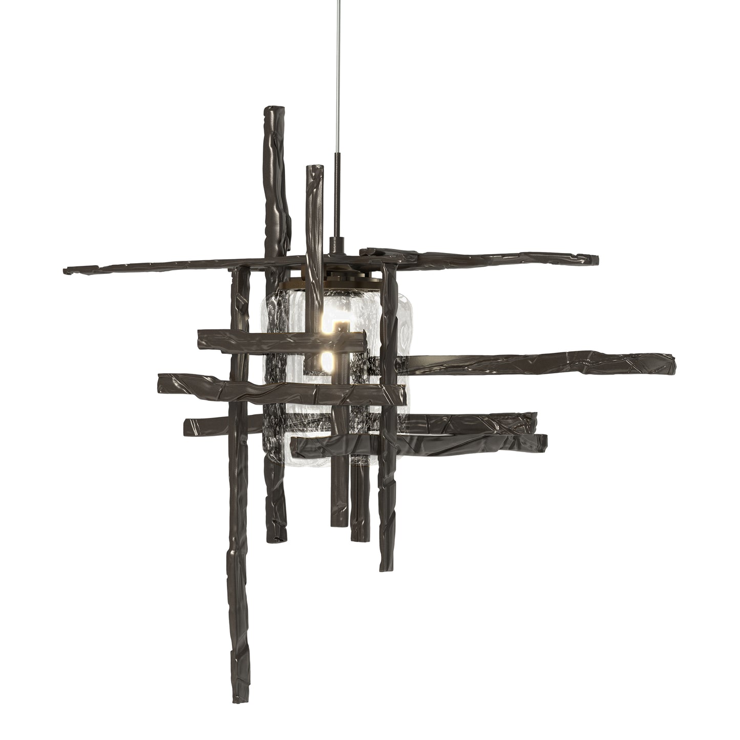 The Tura Seeded Glass Low Voltage Mini Pendant by Hubbardton Forge with intersecting metal bars and textured seeded glass accentuates quality American craftsmanship.