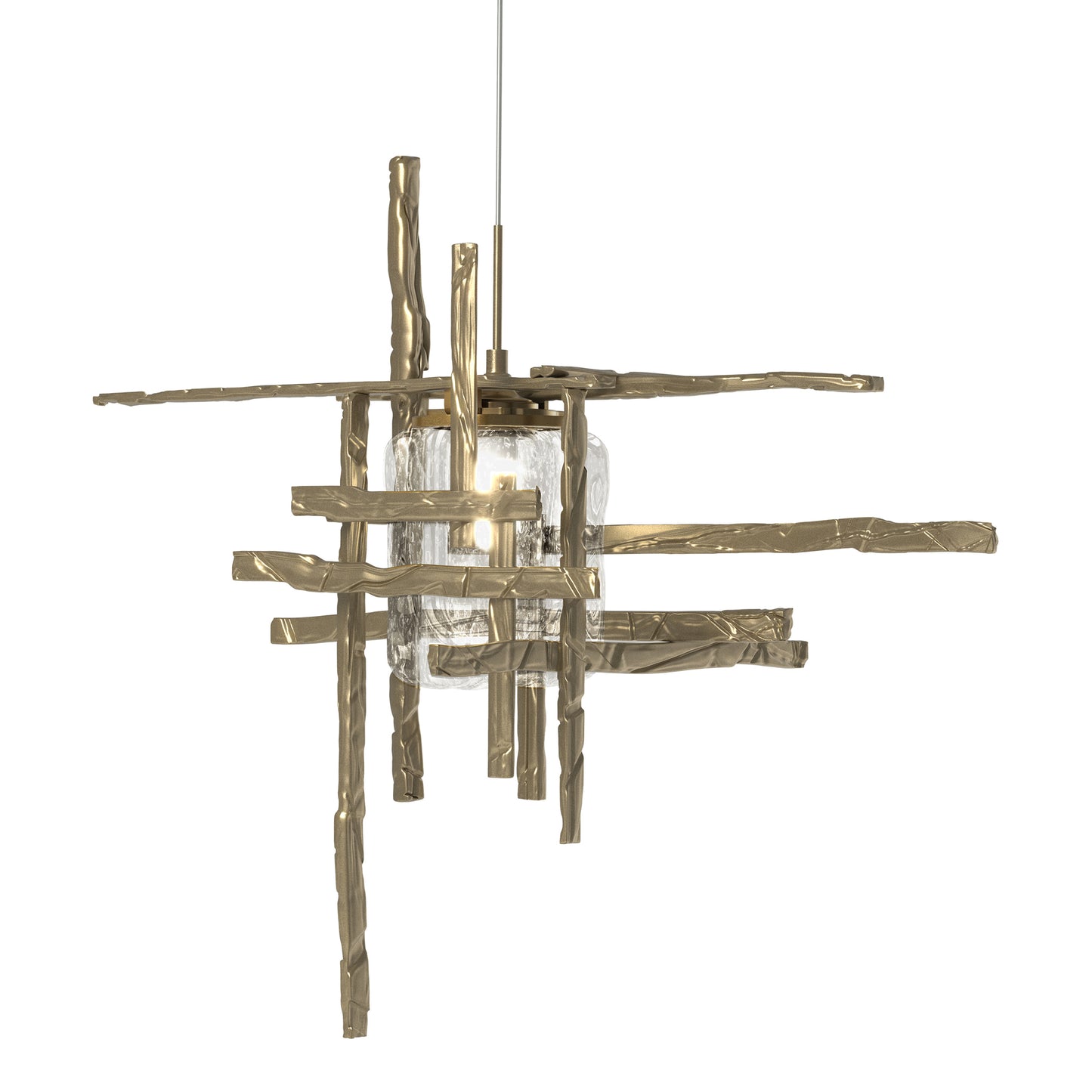 The Tura Seeded Glass Low Voltage Mini Pendant by Hubbardton Forge displays artisan-crafted textured rods and a distinctive central glass bulb.