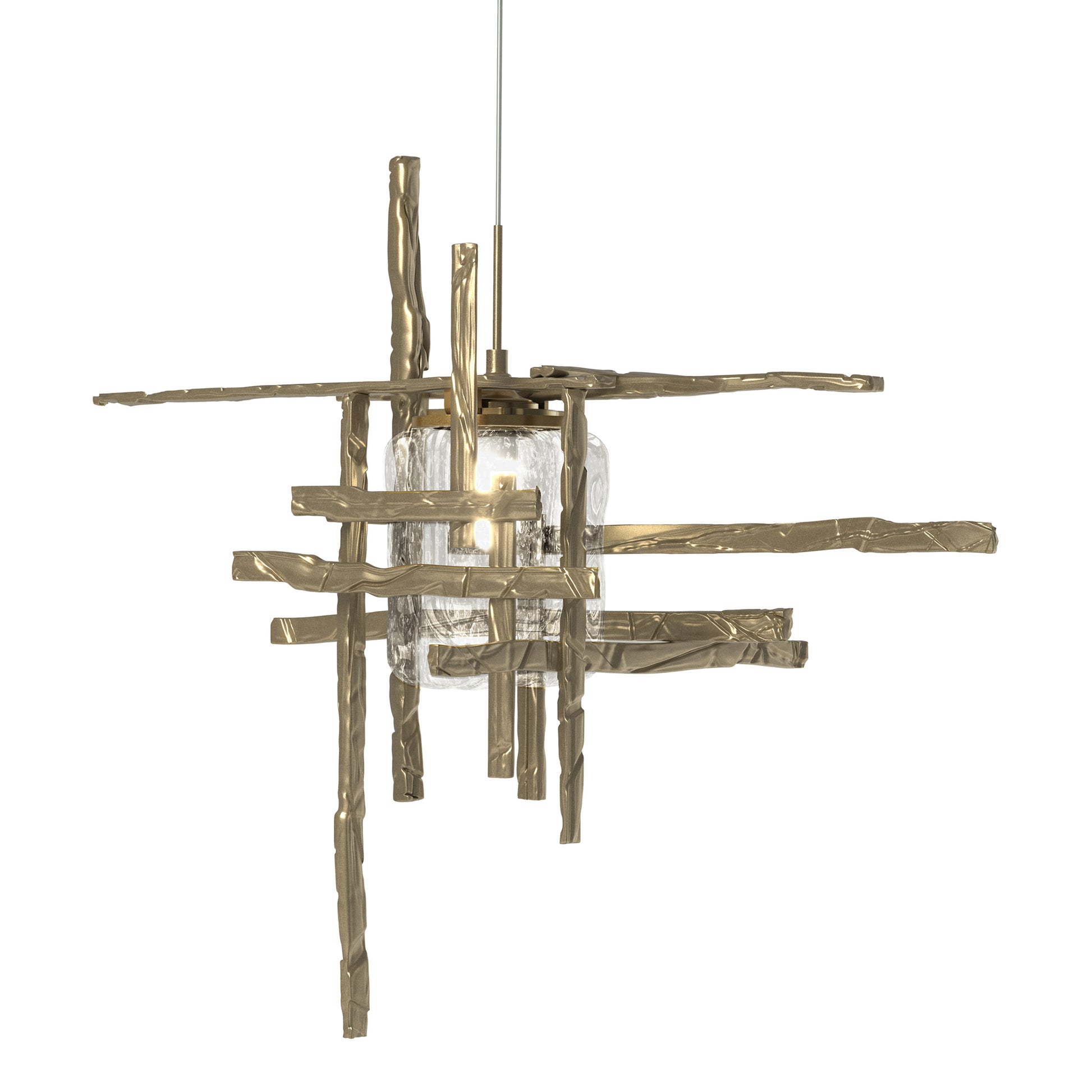 The Tura Seeded Glass Low Voltage Mini Pendant by Hubbardton Forge displays artisan-crafted textured rods and a distinctive central glass bulb.