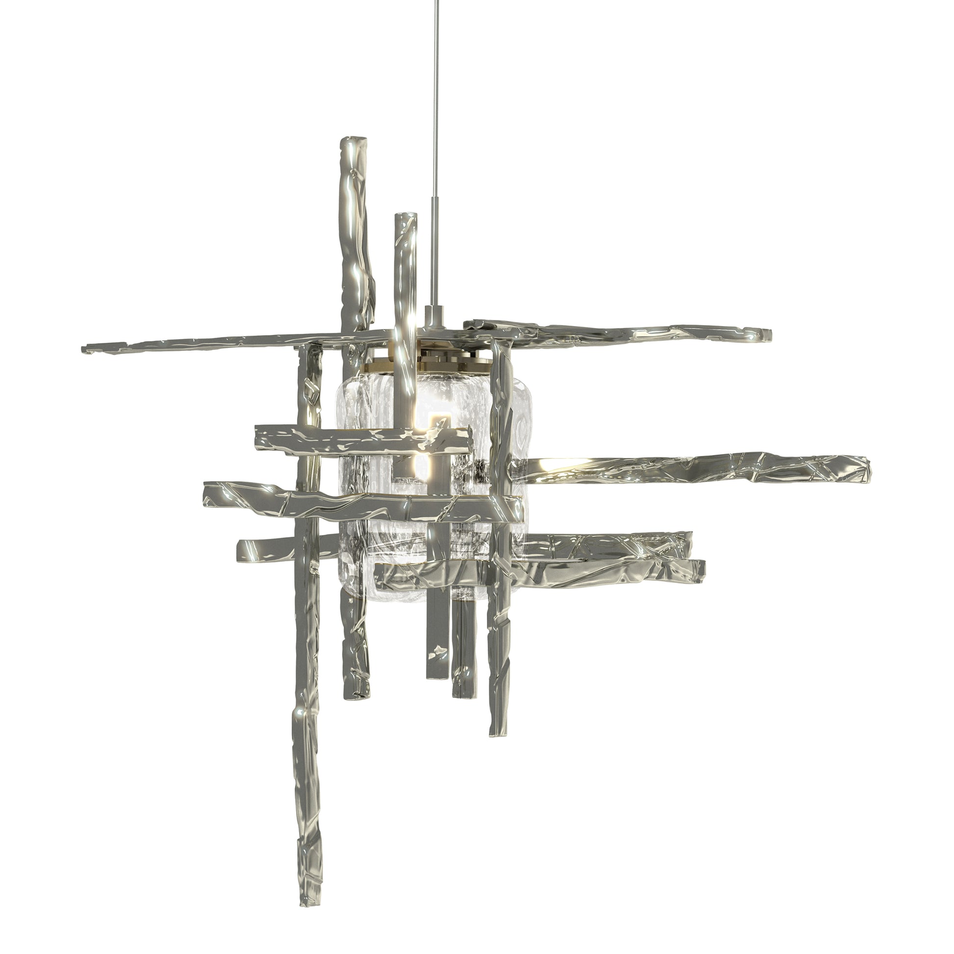 Close-up of the Tura Seeded Glass Low Voltage Mini Pendant by Hubbardton Forge, highlighting its modern geometric bars and clear textured glass.
