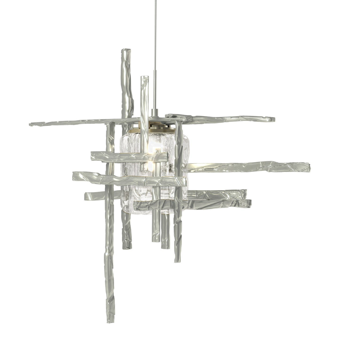 Hubbardton Forge Tura Seeded Glass Mini Pendant showcases artisan-forged intersecting bars and a central glass bulb, crafted in Vermont.