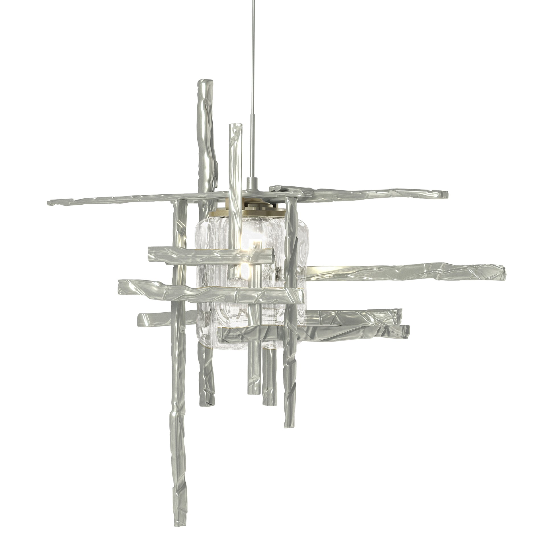 Hubbardton Forge Tura Seeded Glass Mini Pendant showcases artisan-forged intersecting bars and a central glass bulb, crafted in Vermont.